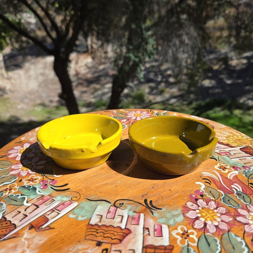 Vtg 1968 Pacific Stoneware AshTrays Retro Green Yellow Set Of 2 Groovy USA‎